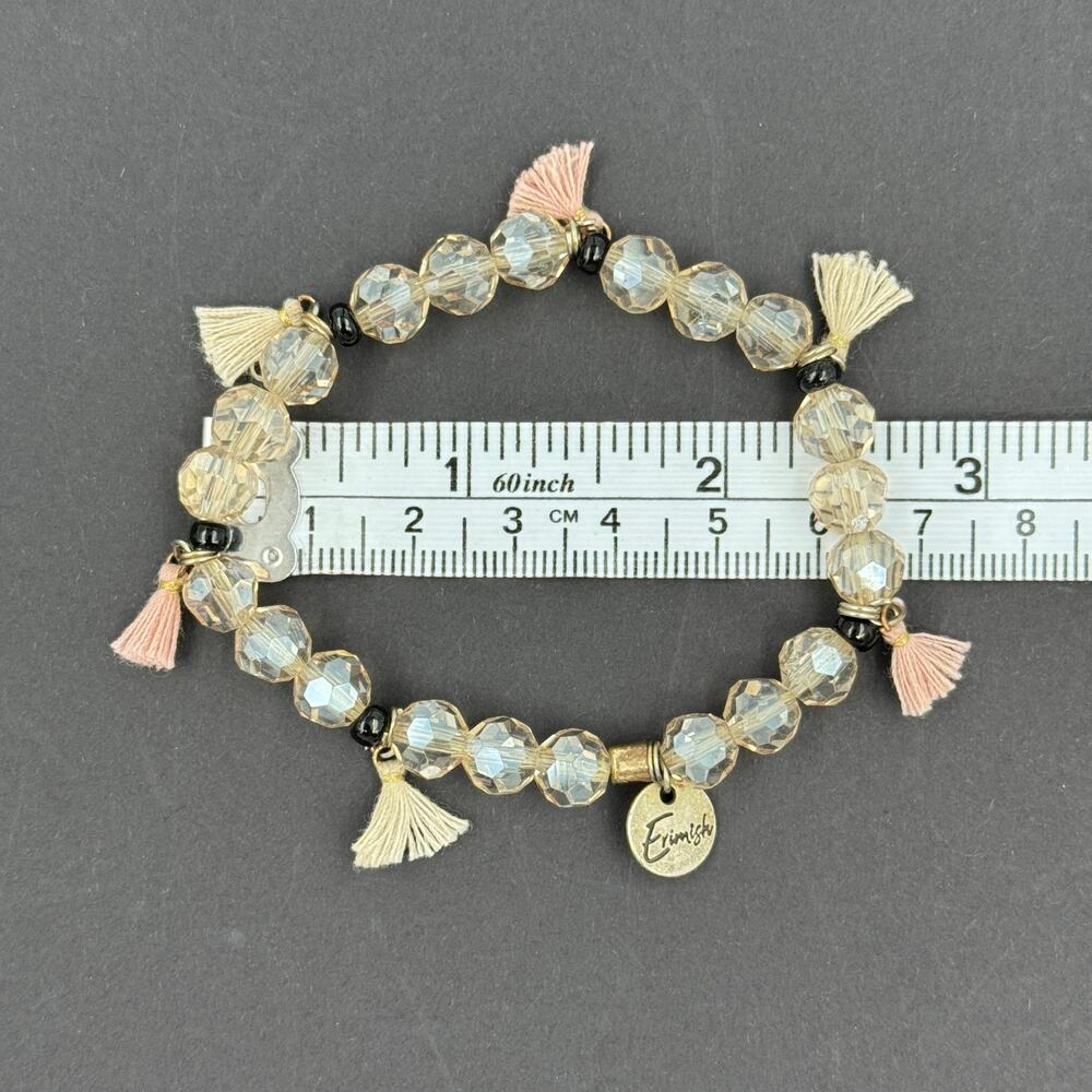 Erimish Set of 3 Stretch Bracelets Crystal Blue Beige Beaded Tassel Stack - Picture 6 of 8